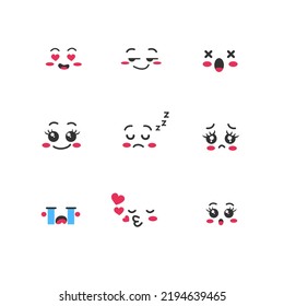 Collection of kawaii emoticons with different mood face. Set of cute cartoon emoji faces in different expressions - happy, sad, cry, fear, crazy. On white background