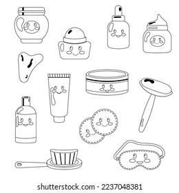 Collection of kawaii face cosmetics outline. Vector