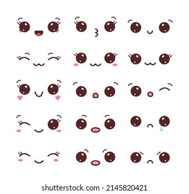 Collection of kawaii faces isolated on white background. Set of kawaii eyes and mouths with different emotions. Vector illustration
