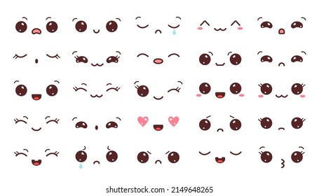 Collection of kawaii faces. Set of kawaii eyes and mouths with different emotions. Vector illustration isolated on white background