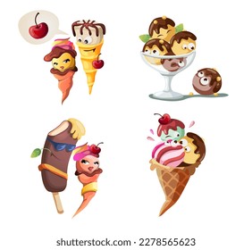Collection kawaii ice cream set  Cute cartoon characters  Dancing  walking  stand ice cream  Couples ice cream  Ice cream scoops characters  Isolated