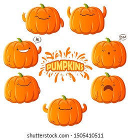 Collection of kawaii images of pumpkins characters. Pumpkin vector icons set, Emotion Variation: smile, cry, happy. Cartoon style design elements. Illustration for halloween or sticker.
