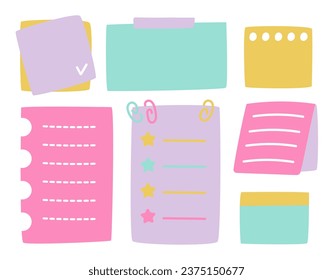 Collection of kawaii notepads, stickers, notebooks. Cartoon sticky notes. Cute scraps from notepad for noting, coloured isolated sticker, paper list notebook, noticeboard label, office stickers