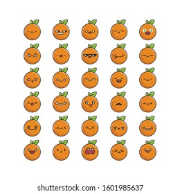Collection of kawaii orange fruit emoticons cartoons isolated on white