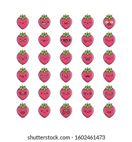 Collection of kawaii strawberry emoticons cartoons isolated on white