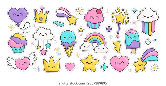 Collection of kawaii style rainbow, cupcake, cute ice cream, magic wand, princess crown, cute desserts characters. Hand drawn kawaii stickers pack or pattern for kids design, print fabric