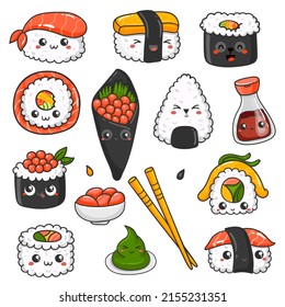 Collection of kawaii sushi set. Vector illustration for design of planners, notebooks and more