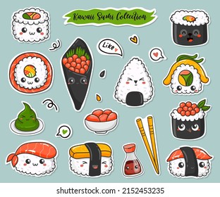 Collection Kawaii Sushi Stickers Vector Illustration Stock Vector ...