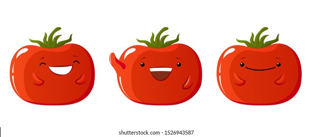Collection of kawaii tomatoes characters. Tomato vector icons set, Emotion Variation: smile, happy. Cartoon style design elements. Illustration for animation or sticker. White background