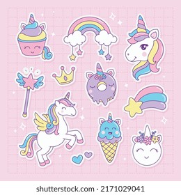 Colección de kawaii unicornio, arcoiris, estrella, quequitos, helado, varita mágica, corona, postre en un paquete de pegatinas de fondo rosa