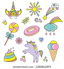 Collection of kawaii unicorn, rainbow, star, cupcake, ice cream, magic wand, crown, dessert