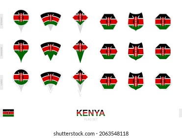 Collection of the Kenya flag in different shapes and with three different effects. Vector flag set.
