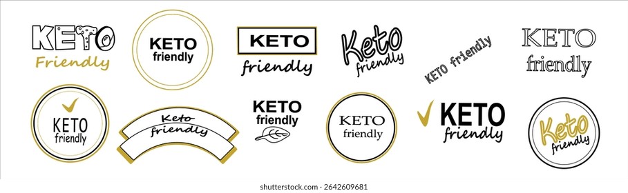 Collection of keto friendly labels in various typography styles and badge shapes. Vector black and gold design elements for healthy food packaging, diet branding, and organic product labeling.
