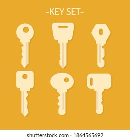 Collection of key icons from the door. A set of various metal keys in the shape of a silhouette. Vector flat illustration