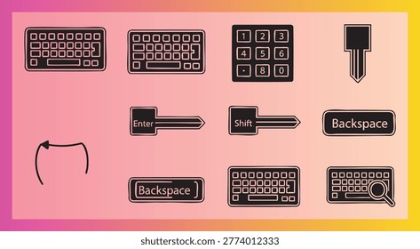 Collection of keyboard icons and keys including backspace enter and shift options