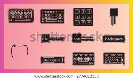Collection of keyboard icons and keys including backspace enter and shift options