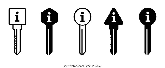 Collection of keys lock unlock. Information keys for unlocking knowledge and solutions. old key black silhouette vector isolated on white background.