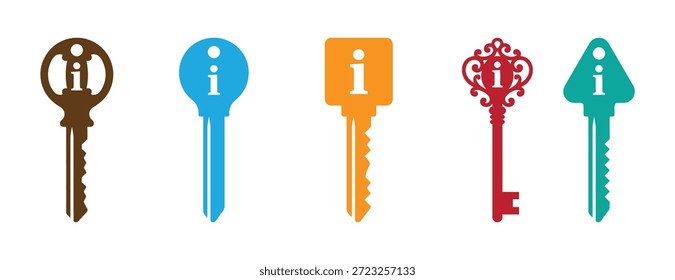 Colección de las llaves de desbloqueo. Claves de información para desbloquear conocimientos y soluciones. Claves coloridas con iconos de información para conceptos de negocio.