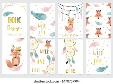 Collection of kid invitation set with feather,fox,wild,geometric,dreamcatcher.Vector illustration for baby shower,birthday invitation,postcard and sticker.Editable element