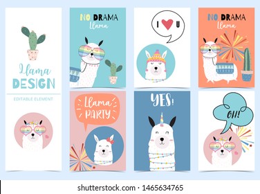 Collection of kid invitation set with llama no drama,llama party,yes and love.Vector illustration for baby shower,birthday invitation,postcard and sticker.Editable element