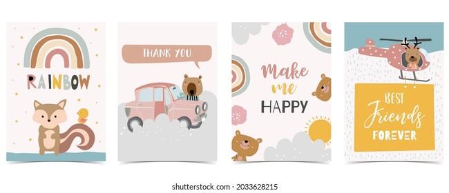 Collection of kid postcard set with bear, rainbow, sun.Editable vector illustration for website, invitation,postcard and sticker