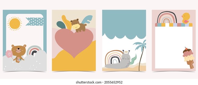 Collection of kid postcard set with bear, rainbow, sun.Editable vector illustration for website, invitation,postcard and sticker