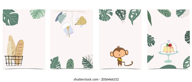 Collection of kid postcard set with leaf,monkey, cake.Editable vector illustration for website, invitation,postcard and sticker