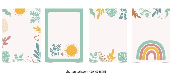 Sammlung von Kinderpostkartenset mit Blatt, Regenbogen, Sonne.Bearbeitbare Vektorgrafik für Website, Einladung, Postkarte und Aufkleber