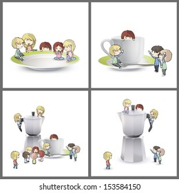 Collection of kids around coffee elements. Vector design 