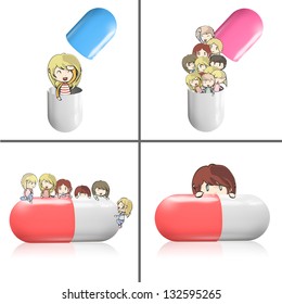 Collection of kids around pill. Vector design.