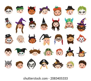 Collection of kids avatars in Halloween costumes. Portraits with hats and masks.