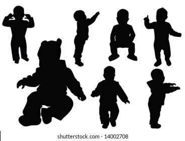 Collection of kids. Black contour. Vector.