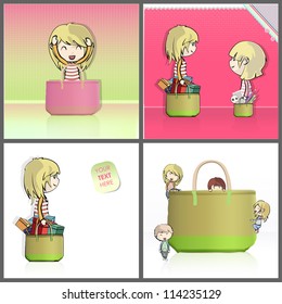 Collection of kids buying many gifts for Christmas. Vector illustration.