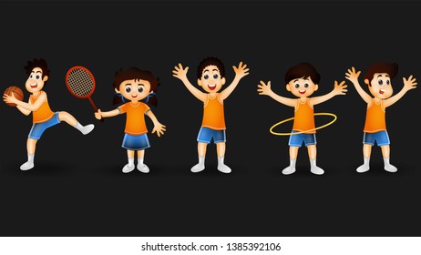 Collection of kids cartoon character. Set of cute little boys and girl in different activity pose.