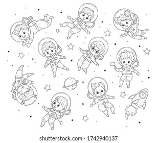 Sammlung von Kindern zum Färben des Buches. Mädchen und Jungen im Astronautenkostüm fliegen. Line Art Design.Isoliert auf weißem Hintergrund.Vector Illustration