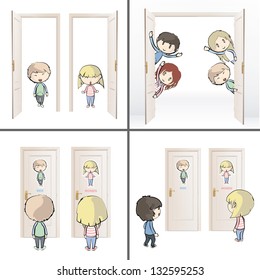 Collection of kids and doors. Vector design.
