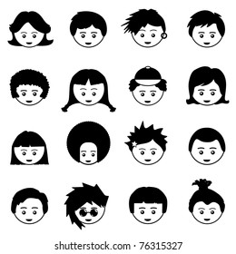 collection of kids faces in black silhouette, isolated on white