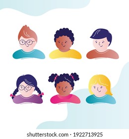 Collection of kids faces. Set of multicultural children or teenagers avatars. Schoolboys and schoolgirls with various hairstyles. Portraits of kids of different nationalities. Flat vector illustration
