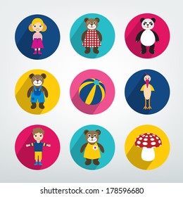 Collection of kids flat icon. Colorful toys pictograms.