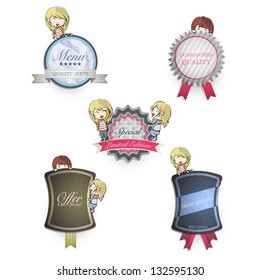 Collection of kids holding vintage labels. Vector design.