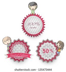Collection of kids holding vintage labels. Vector design.