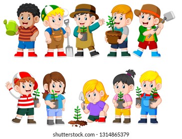 collection of kids holding young green plant