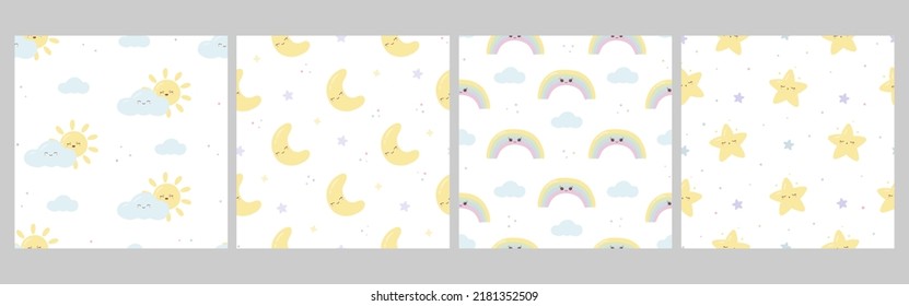 Collection of kids kawaii seamless patterns with funny star, rainbow, sun and cloud, moon. Cute prints for phone case, backgrounds, fashion, wrapping paper and textile. Vector Illustration