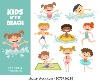 Collection of kids playing at the beach. Cartoon characters isolated on white. Funny boys and girls swimming, running, jumping, sunbathing and eating an ice cream. Set 3 of 4.