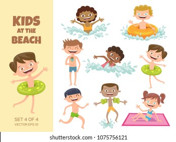 Collection of kids playing at the beach. Cartoon characters isolated on white. Funny boys and girls swimming, running, jumping, sunbathing and eating an ice cream. Set 4 of 4.