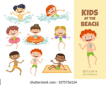 Collection of kids playing at the beach. Cartoon characters isolated on white. Funny boys and girls swimming, running, jumping, sunbathing and eating an ice cream. Set 2 of 4.