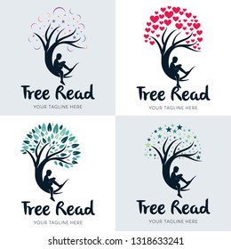 Collection of Kids Reading on Tree Logo Set Design Template Inspiration