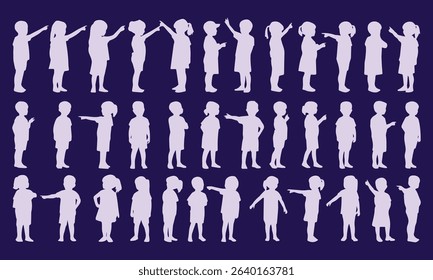 Collection of kids silhouettes in various standing and pointing poses. Boys and girls of different ages. Perfect for educational, family, or creative projects. Clean black vector on white background