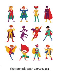 Colección de superhéroes infantiles. Conjunto de niños y niñas con superpoderes. Conjunto de niños fuertes y valientes con trajes y gorras ajustados. Ilustración vectorial al estilo de las caricaturas planas.