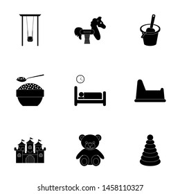 Collection of kindergarten icons. Kids toys. Black vector set.